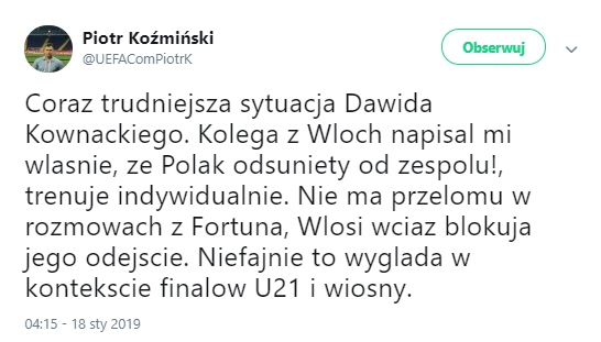 Coraz gorsza sytuacja Dawida Kownackiego....